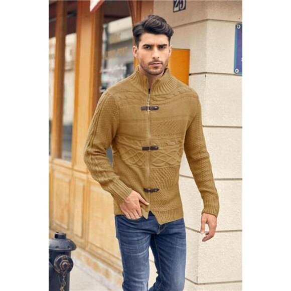 Men's Cable Knitted Oplique Zip Button Front Long Sleeve Cardigan Sweater - Picture 4 of 7
